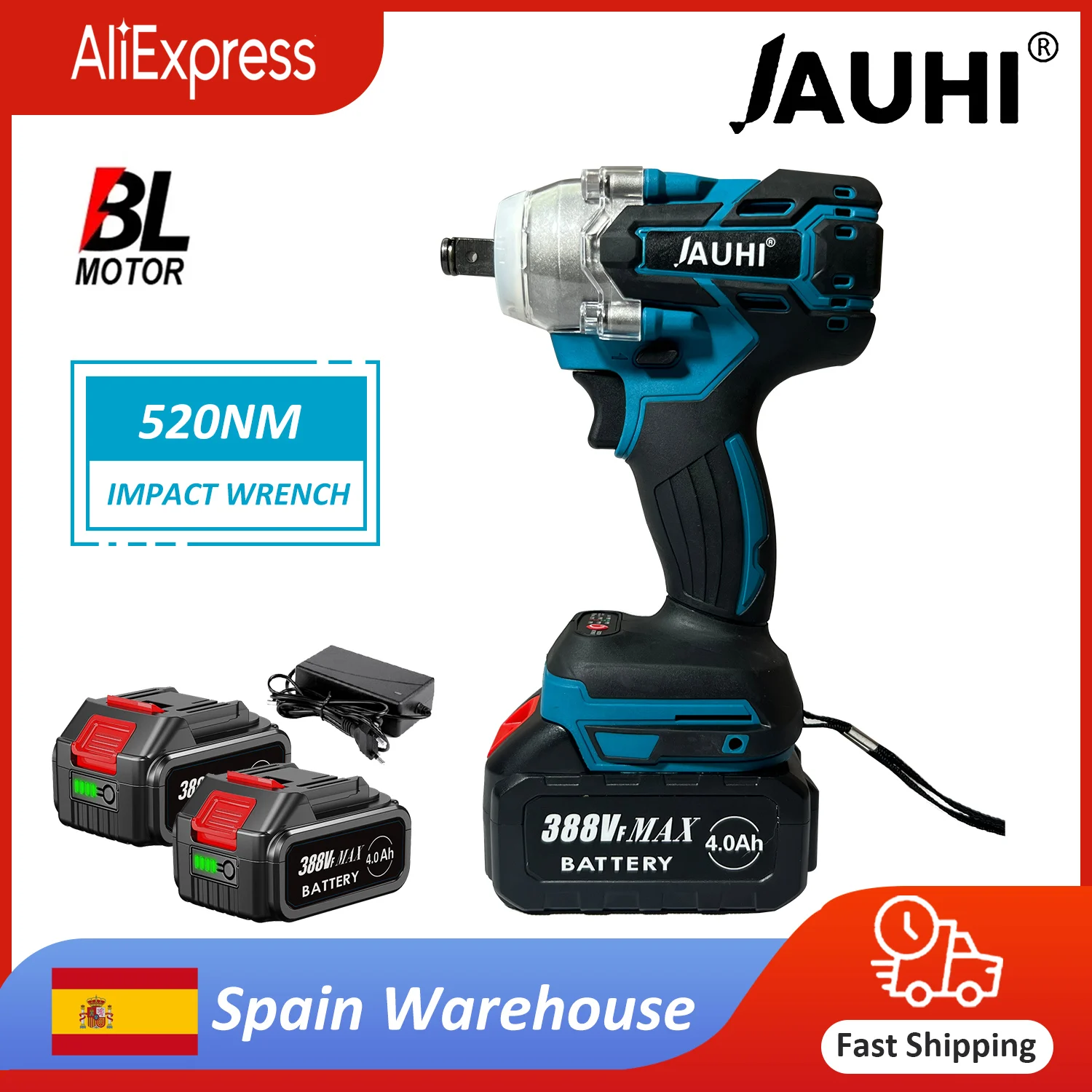 JAUHI Electric Impact Wrench 520N.m Brushless Motor Strong Torque Li-ion Battery  Cordless Wrench Impact for Car Tires Tool