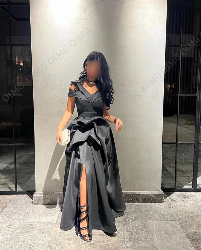 OIMG gaun malam Satin kerah V sederhana gaun Formal belah samping lipit panjang lantai gaun Arab buatan khusus Vestidos De Gala