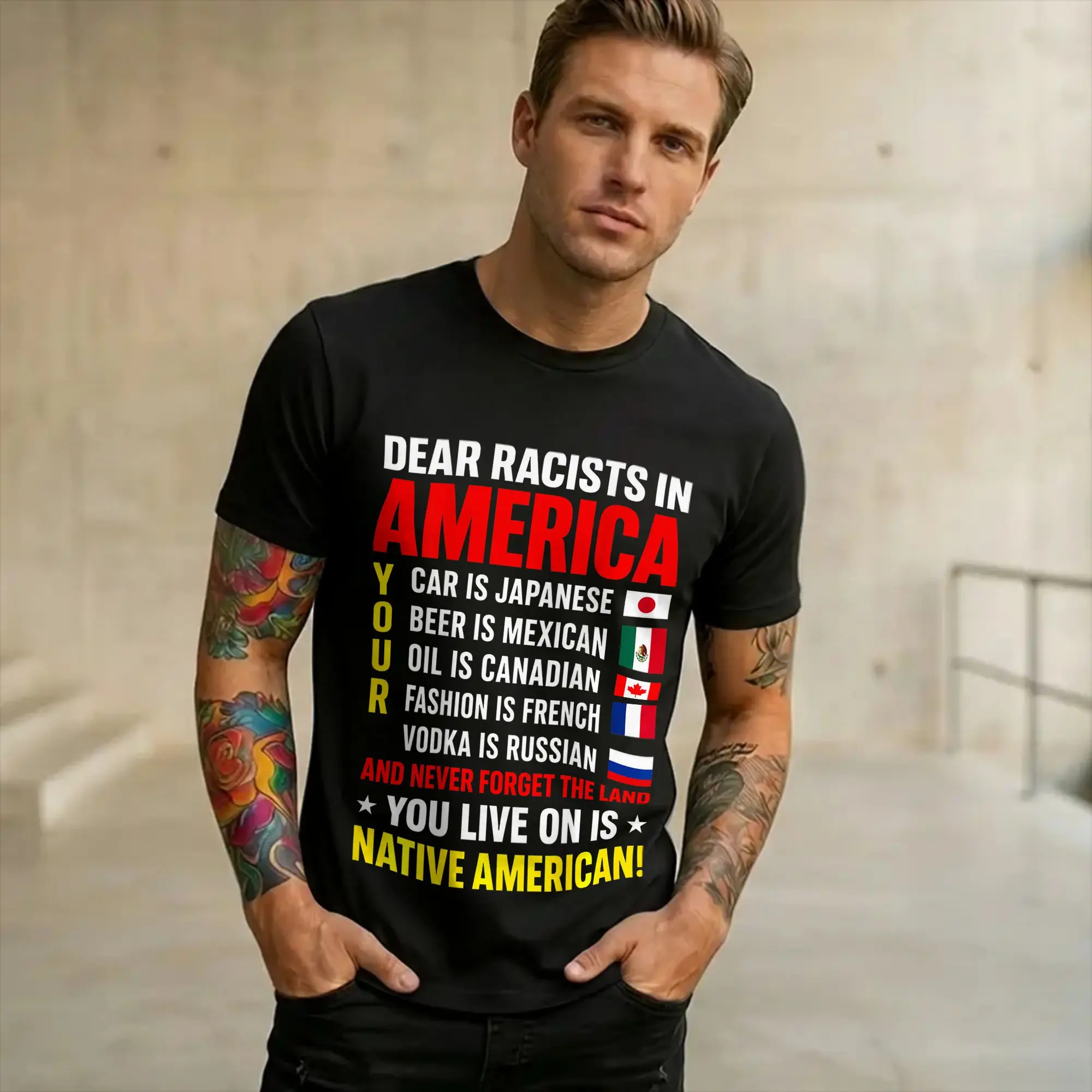 Printed Dear Racists in America Native American Land Message T Shirt for Men Women  Cotton T-shirts Short Sleeve Tops