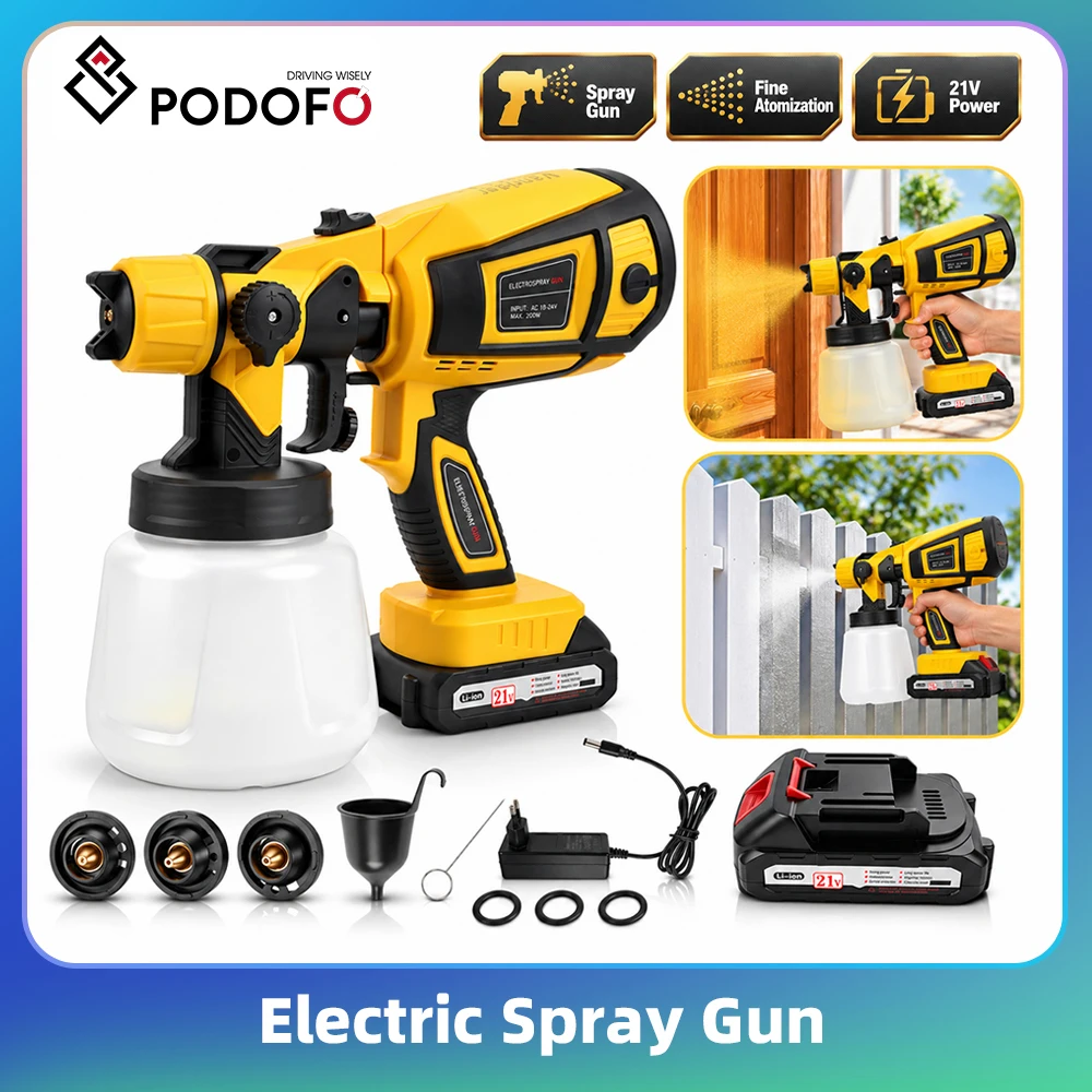 Podofo, pistola a spruzzo elettrica da 200 W, serbatoio da 900 ml, 4 ugelli, pistola a spruzzo elettrica HVLP da 21 V con batteria, 3 modalità di spruzzo per mobili, pareti, recinzioni e auto.