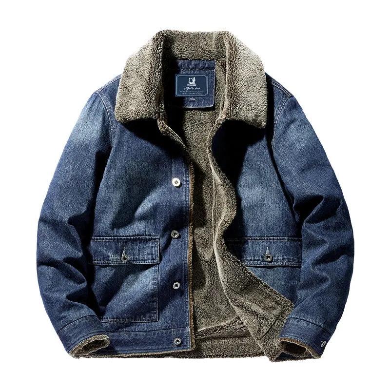 

Autumn and Winter Fleece-lined Mens Jacket Lapel Retro Cowboy Coat Thicken Keep Warm Tops Multi-pocket Loose Leisure