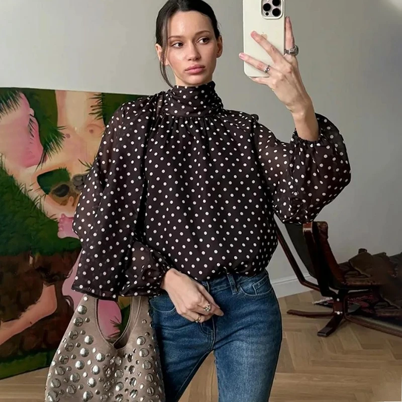 

TARUXY Elegant Polka Dot Blouse With Bow Women's Fashion Loose Lace Up Casual Long-Sleeve Shirt Spring New Female Commuting Top
