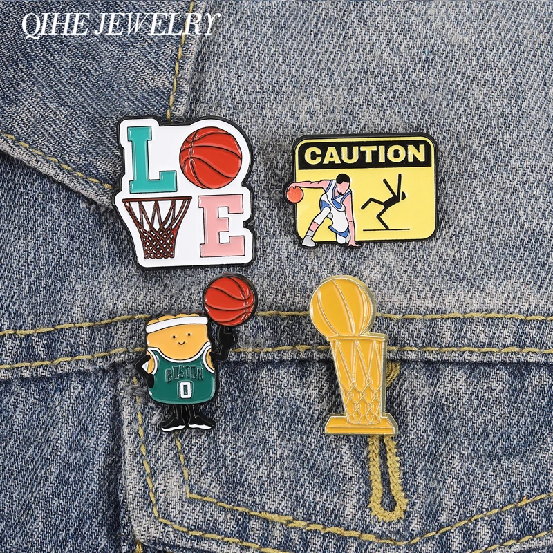Basketball Theme Cartoon Enamel Pin Funny Sports Player Championship Trophy Love Caution Sign Brooches Lapel Badge Jewelry Gifts
