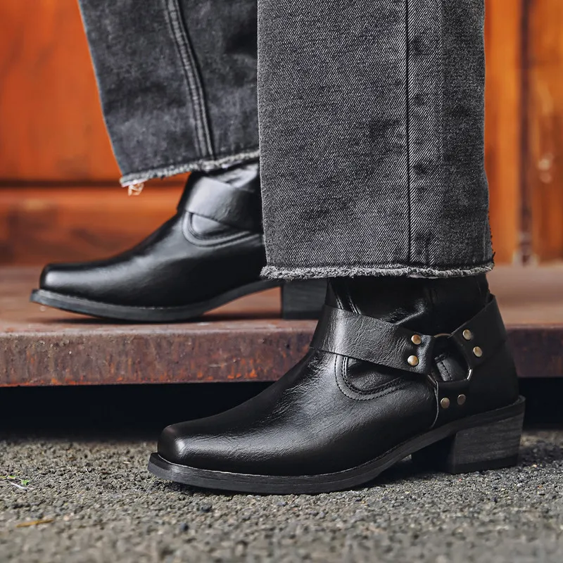 Men's Leather Side Zipper Western Cowboy Boots New Retro Men Short Boots Lightweight Comfort Outdoors Botas Hombre Large Size 48