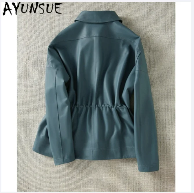 AYUNSUE 진짜 가죽 자켓 여성 가을 ​​옷 중간 길이 트렌치 코트 양피 여성 코트 더블 브레스트 Jaqueta De Couro