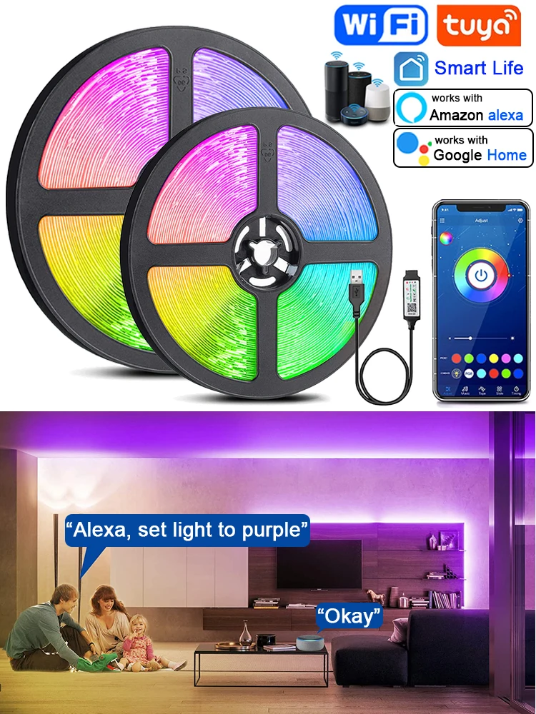 Tira de luces LED con Wifi para decoración del hogar, cinta de luz RGB 5050 compatible con Alexa y Google Home, Smart Life, Tuya, retroiluminación