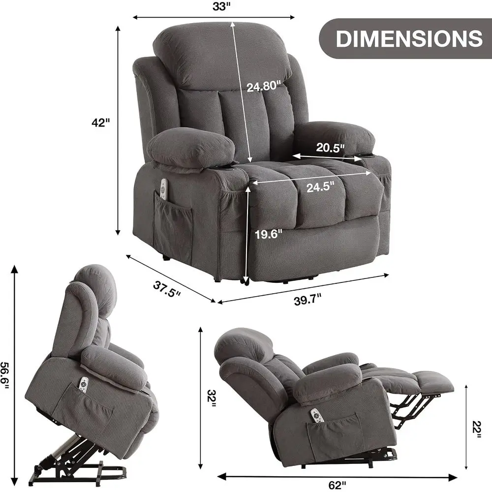Power Lit Recliner Chair or Elderly with Vibration Massage and Lumbar Heating Electric Oversized Single Soa with Cup Holder and