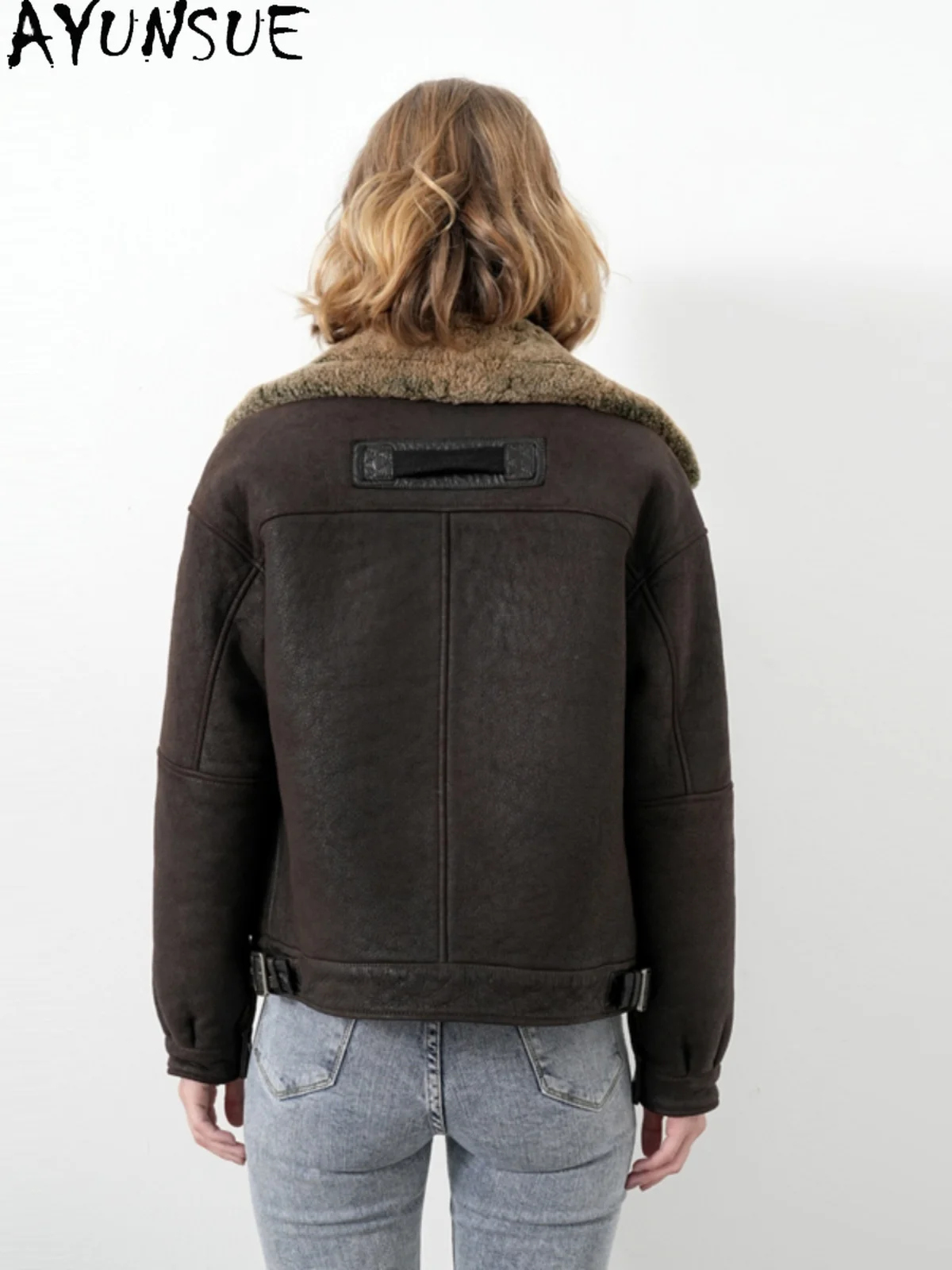 AYUNSUE Kurtka z prawdziwej skóry Odzież zimowa 2025 Naturalna skóra owcza Płaszcz damski Vintage Kurtki motocyklowe Damska odzież uliczna