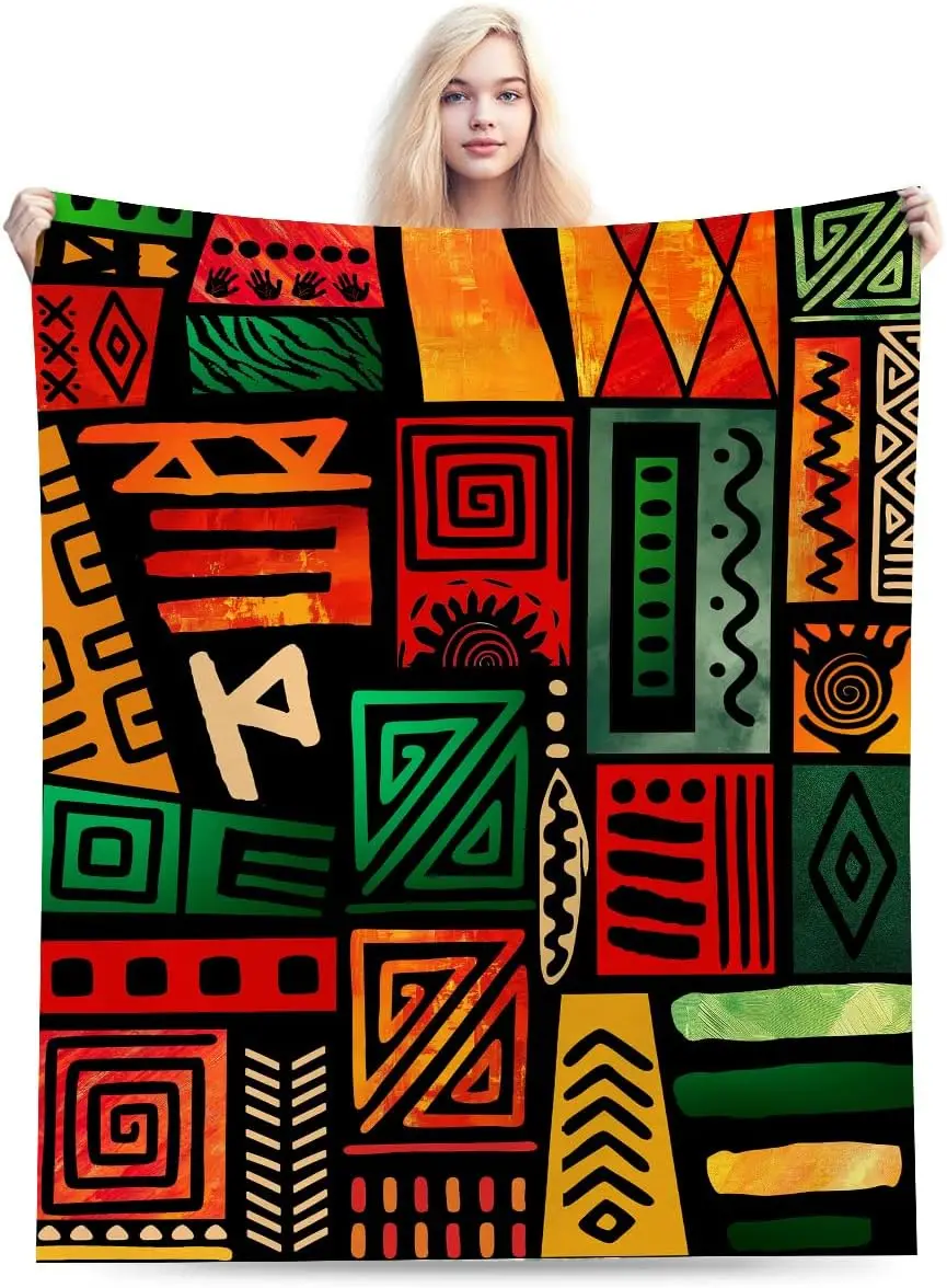 African Tribal Geometric Patchwork Red Green Orange Ethnic Graffiti Print Warm Blanket For Bedroom Sofa Camping Home Leisure