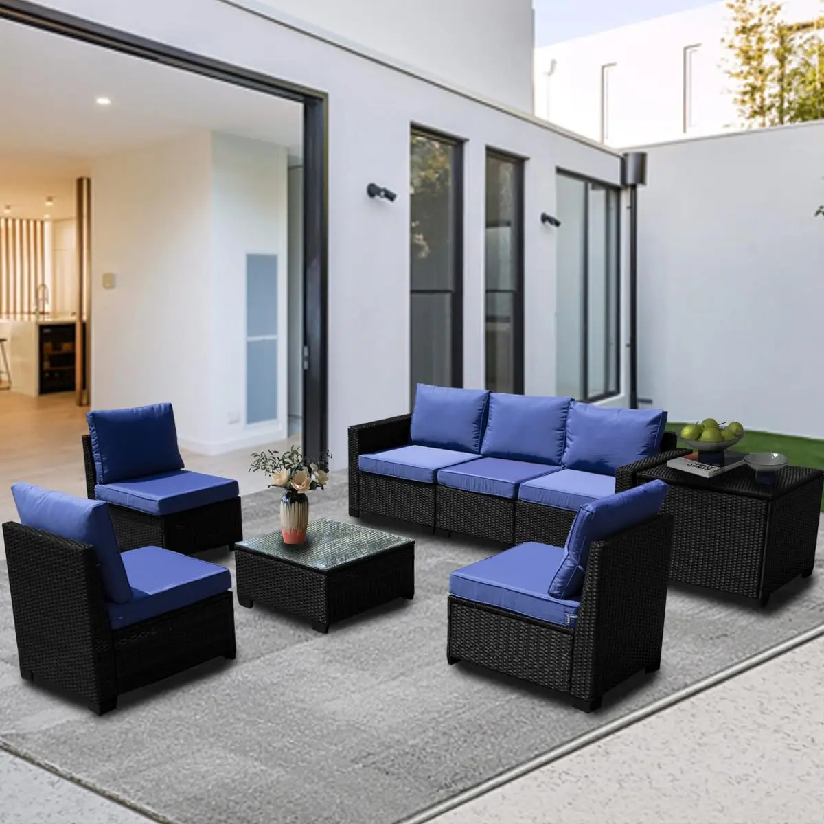 8 Pieces Wicker Patio Table And Chairs Set, Rattan Outdoor Conversation Sets With Hidden Storage & Glass Top Table, Sectional