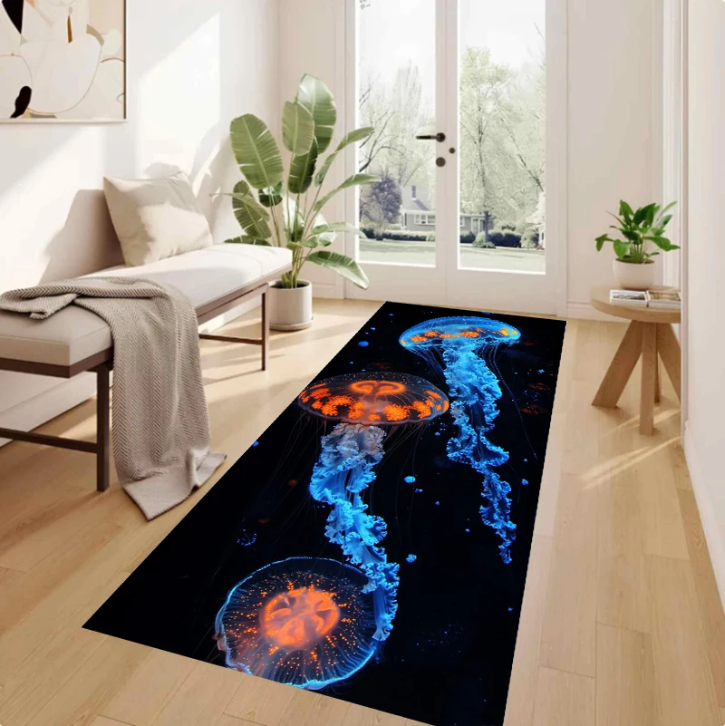 Luminous Glowing Jellyfish Area Rug 3D Ocean Marine Life Print Non Slip Runner Rug for Living Room Bedroom Hallway Home Decor