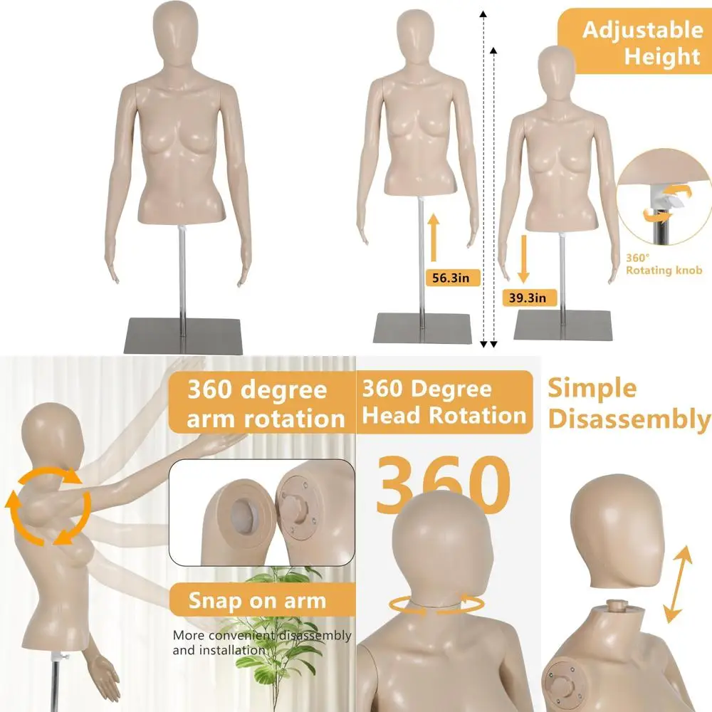 Женский швейный манекен с регулируемой высотой половины тела 39–56 дюймов, металлическое основание, идеально подходит для демонстрации розничной одежды