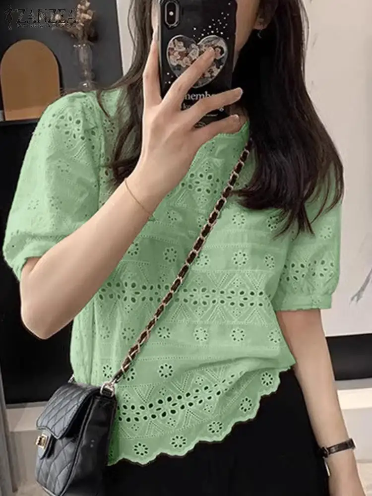 ZANZEA Korean Fashion Hollow Out Shirts Solid Lace Embroidery Women O Neck Blouses Puff Short Sleeve Casual Summer 2024 Blusas