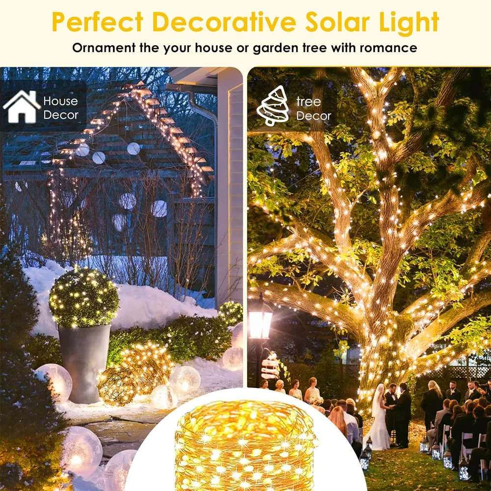 Extra-Long Solar String Lights Outdoor Waterproof Solar Fairy Lights Copper Wire Solar Twinkle Lights Tree Garden Party Wedding