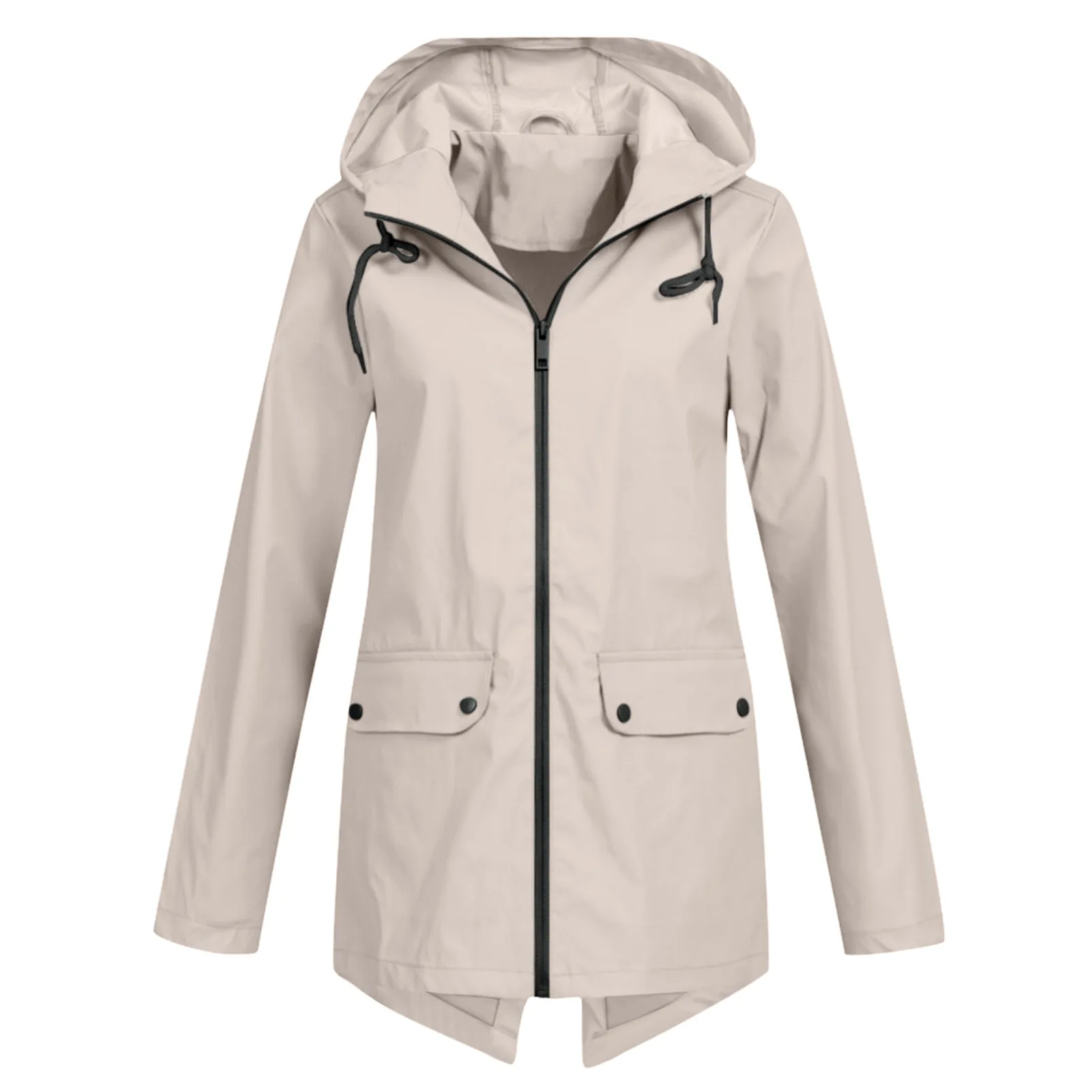 Womens Mid Length Waterproof Raincoat Windproof Hooded Lightweight Jacket Solid Color Multi Pocket Zip Coat Hiking Travel Campin