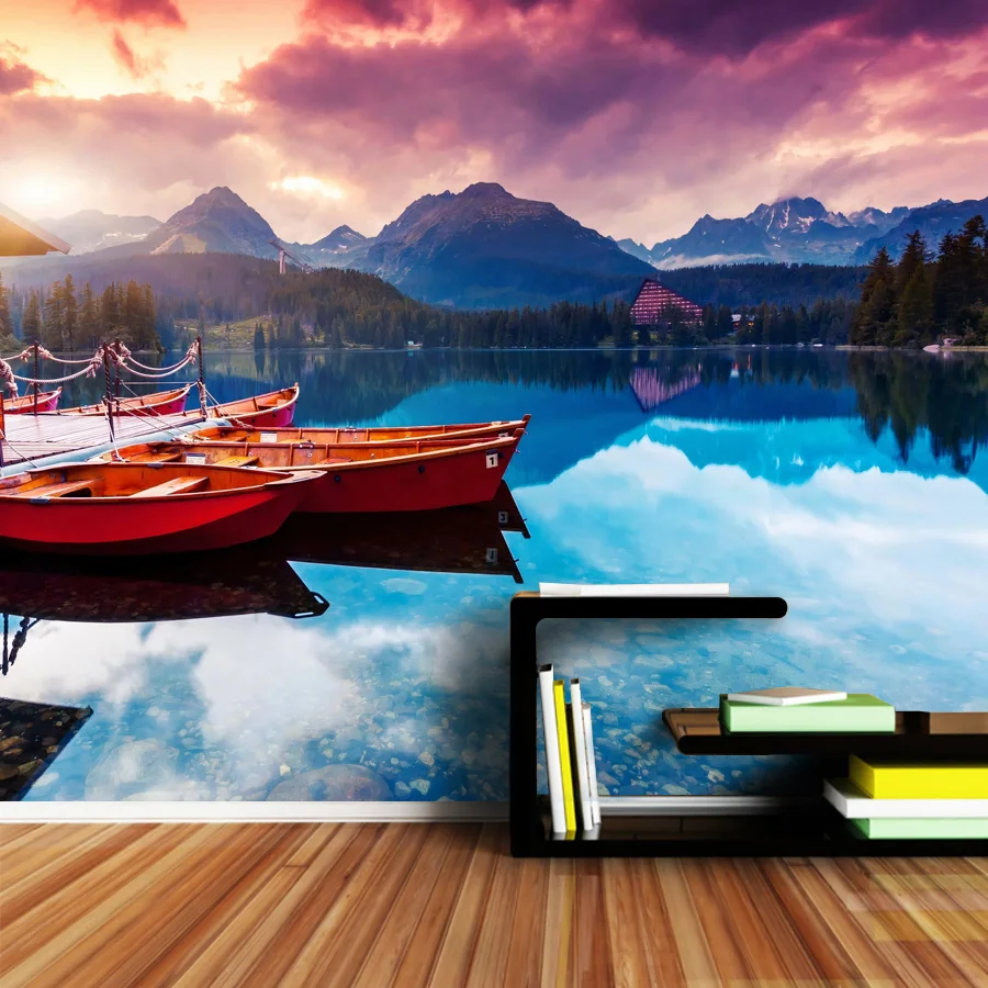 

15+, Self Adhesive Optional, Waterproof Wallpaper for Living Room Lake Boat by Mountain Sunset Home Decor Walls Renovation Mural