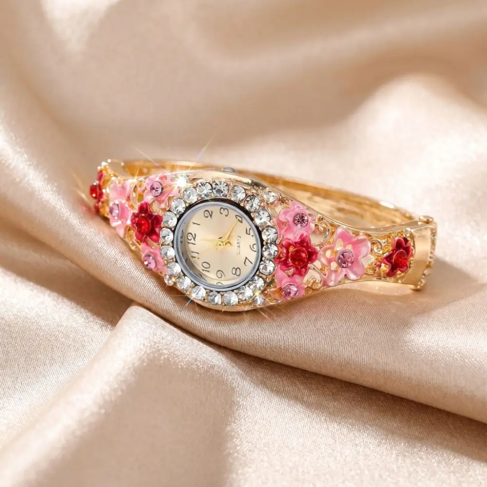 

Rich In Flowers Vintage Watch Round Dial Rhinestone Bracelet Quartz Watch Versatile Design Crystal Jewelry Bracelet Watch