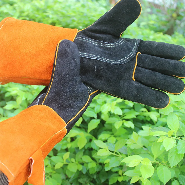 Leather Welding Protection Gloves Heavy Duty Black Welding Gauntlets Welders Cowhide Gloves Protect Supplies Work Gloves