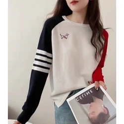 Autumn Winter Casual Fashion Long Sleeve Patchwork Pullovers Women Clothing Elegant O-neck Knit Sweaters Office Lady Loose Tops