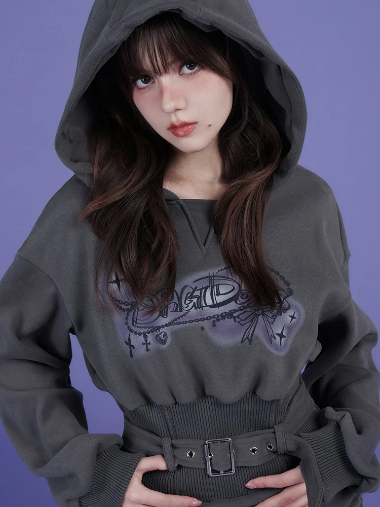 

SagiDolls Thiened Fce Женская толстовка с капюшоном и принтом Dr ey с высокой талией Dr Faionable Spicy Girl Sle Трикотажная одежда...