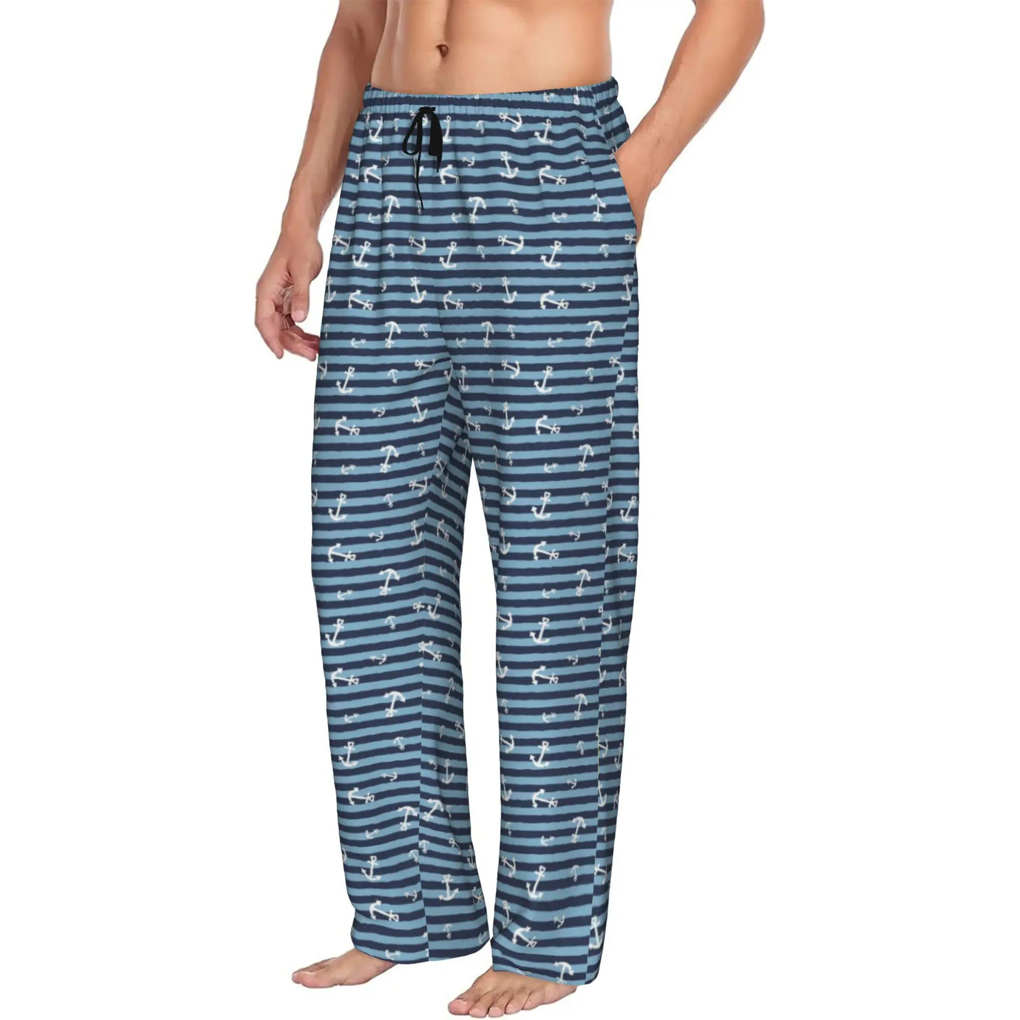 Custom Navy Blue Nautical Anchor Pattern Pajama Pants Men  Sleepwear Lounge Sleep Bottoms Stretch with Pockets