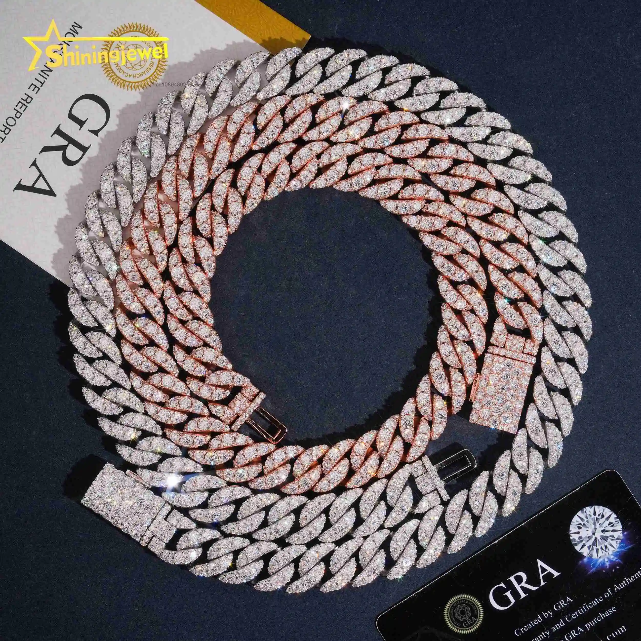 Arrivals New 925 Silver Jewelry Hip Hop Mens Rose Gold One Row Big Diamond 15mm Cuban Link Chain Necklace.