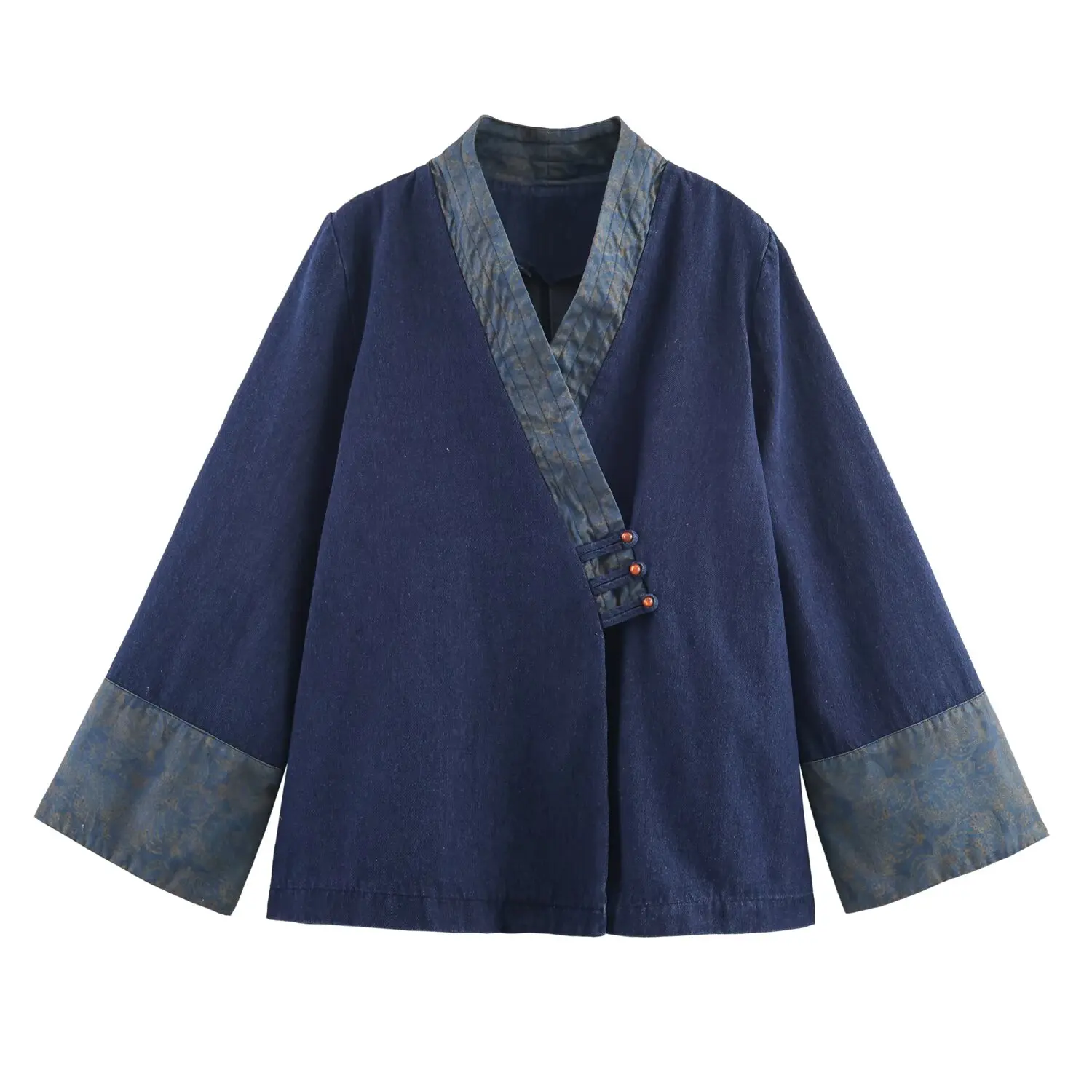 

Autumn new jacquard denim effect outerwear European women's loose casual V-neck long sleeved contrasting stitching jacket