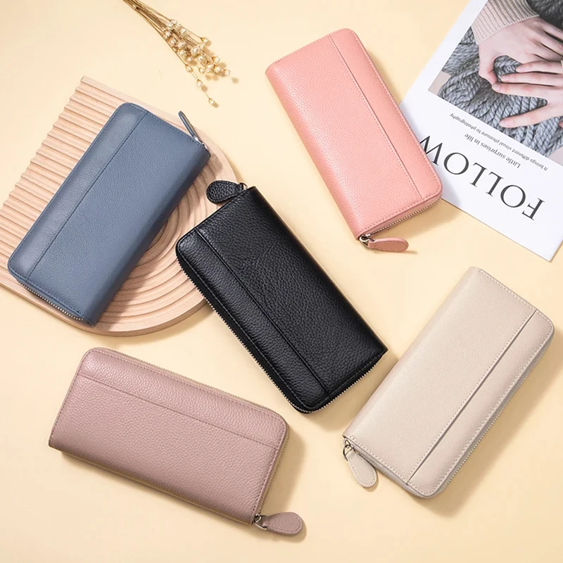 Genuine Leather Wallet Women Fashion RFID Blocking Zipper Solid Wallets Large Capacity Credit Card Holder Wallets Long Purses