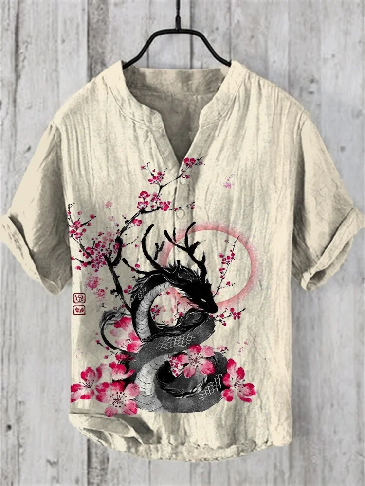 

Men's short-sleeved shirt Hawaiian casual art handsome dragon print casual large size loose short-sleeved three-breasted shirt