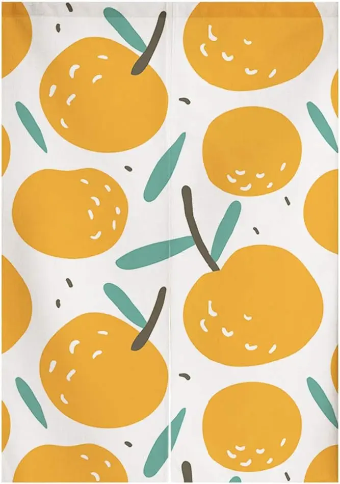 Fresh Citrus Noren Curtain, Yellow Orange with Green Leaves Pattern, Waterproof Washable Japanese Style Curtain for Home