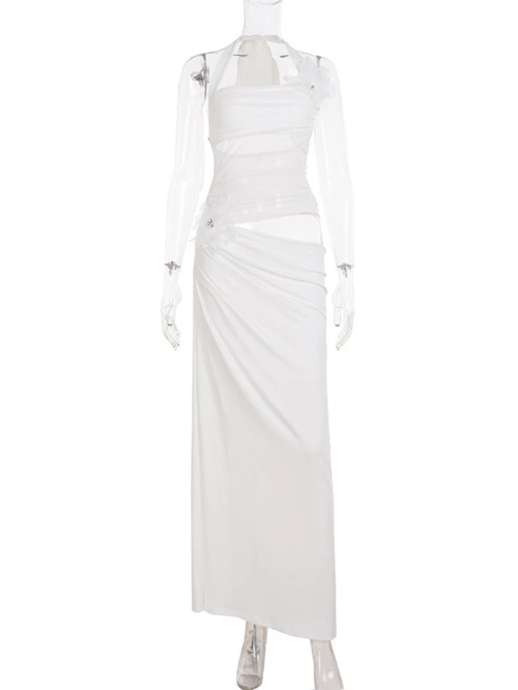 SsTss Sexy 3D Floral Halter Maxi Dress for Women Fashion White Perspective Sheer Mesh Cut Out Summer Long Beach Holiday Dress