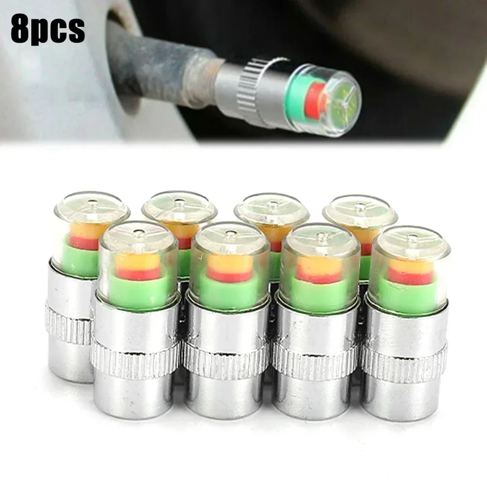 8Pcs Car Tire Pressure Monitor Valve Cap W/Sensor Indicator 3 Color Eye Universal Metal+PC Pressure Indicator Auto Accessories