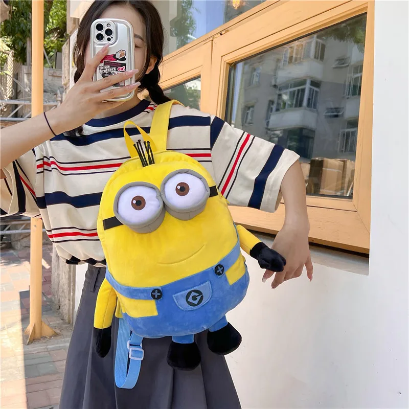 Minions‑Style Plush Backpack Cute Cartoon Character Shoulder Bag Adjustable Strap Casual Daypack Kids Travel Storage Bag Gift
