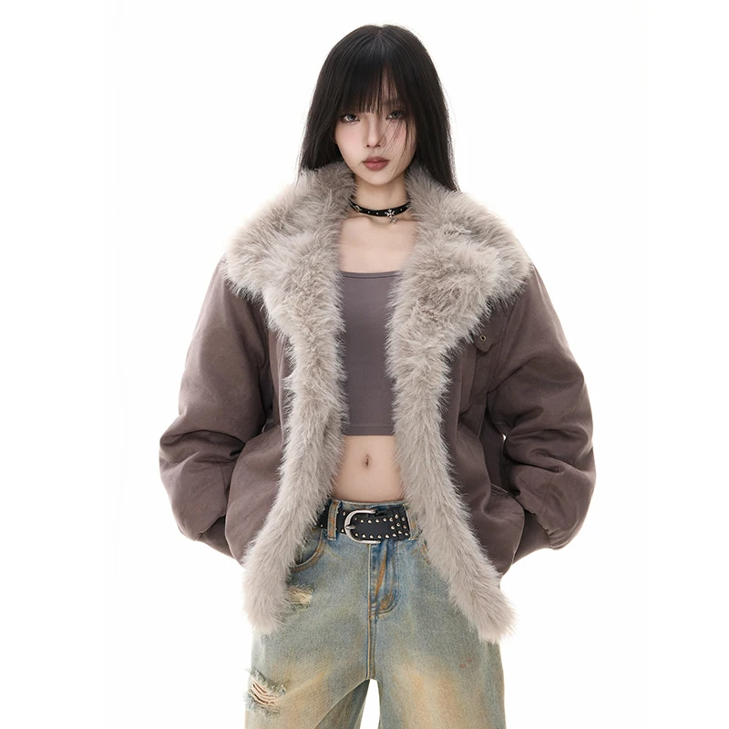 

Winter American Retro Warm Jacket Womens Retro Simple Plush Jacket with New Loose Leather Motorcycle Punk Fur Collar Jacket