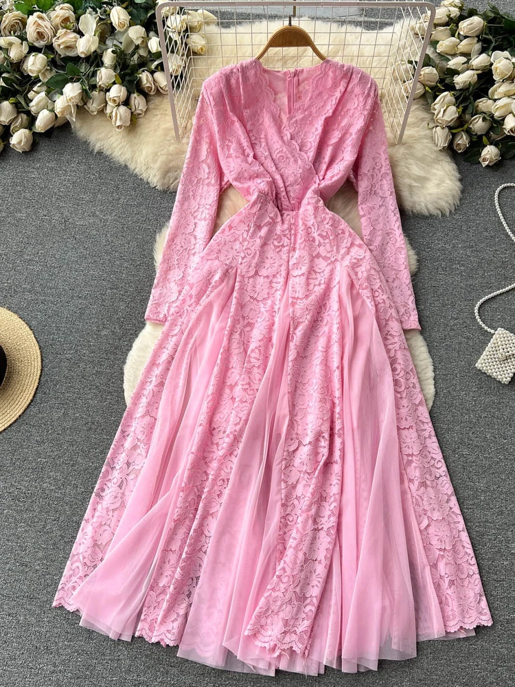 French Mesh Patchwork Lace Dress Women Elegant Slim A-line Vintage Long Dresses Ladies Long Sleeve V-neck Long Robe Vestidos