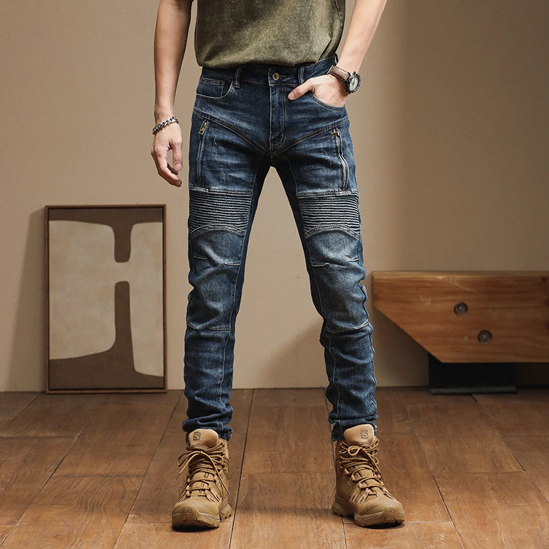 

The new American high-end trend Slim personality zipper splicing biker small leg pants retro jeans for men pantalones hombre