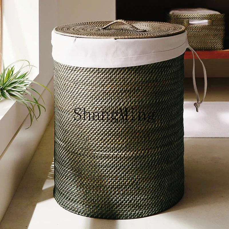CL quality soft rattan round dirty bucket covered laundry basket large clothing storage