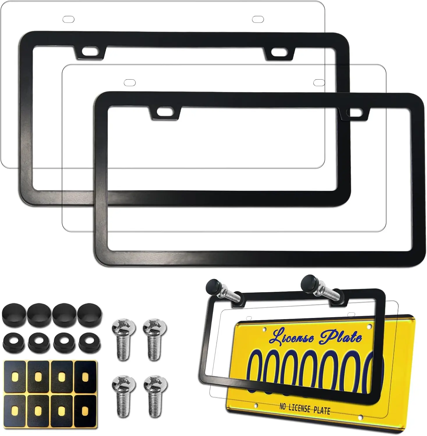 

Stainless Steel Black Car License Plate Frames with Clear Shield, Unbreakable Protector and Screws Caps, 2 Sets