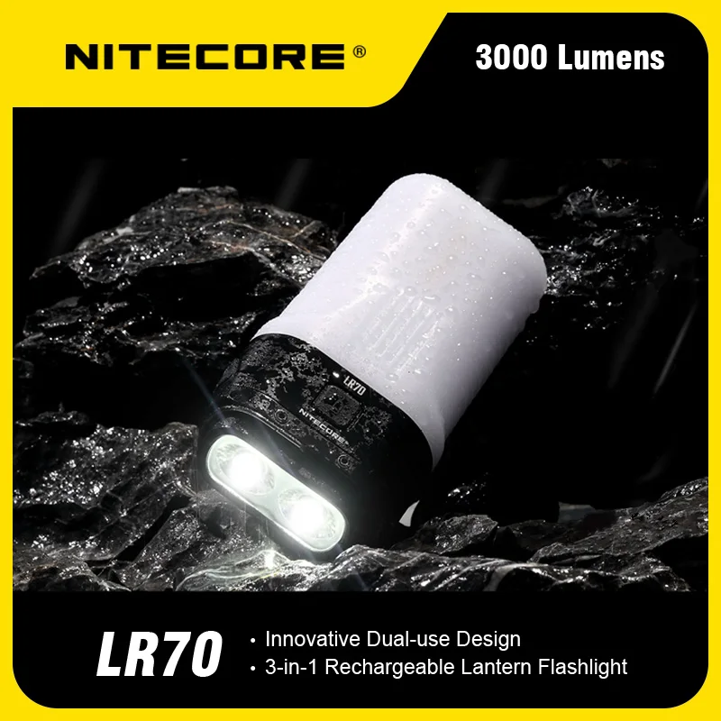 NITECORE LR70 3-in-1 Rechargeable Lantern Flashlight 3000Lumens USB-C Charging Cable Placement Hanging Handle Available