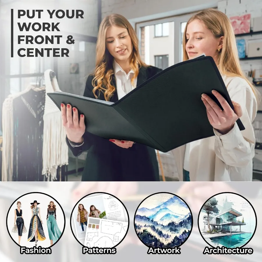 Carpeta grande de portafolio de arte de 11x14 con papel de montaje en negro para almacenamiento de obras de arte profesionales y características de presentación 24 Sle