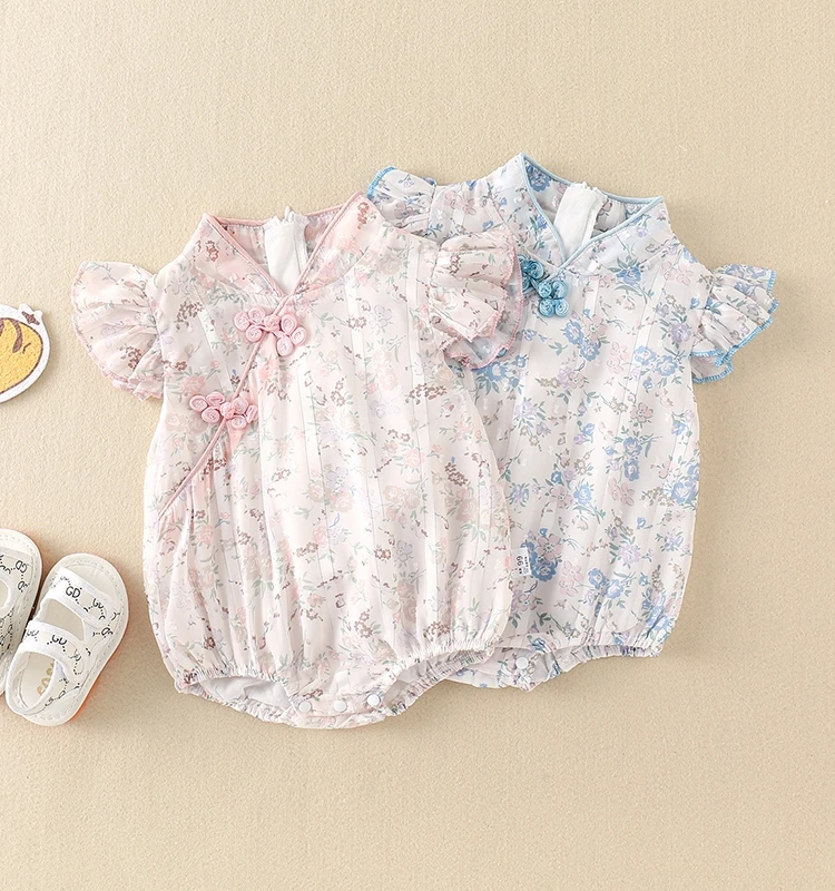 Macacão de Verão para Bebê Estilo Hanfu com Mangas Curtas e Design Triangular, Roupa de Verão para Meninas, Moda Infantil
