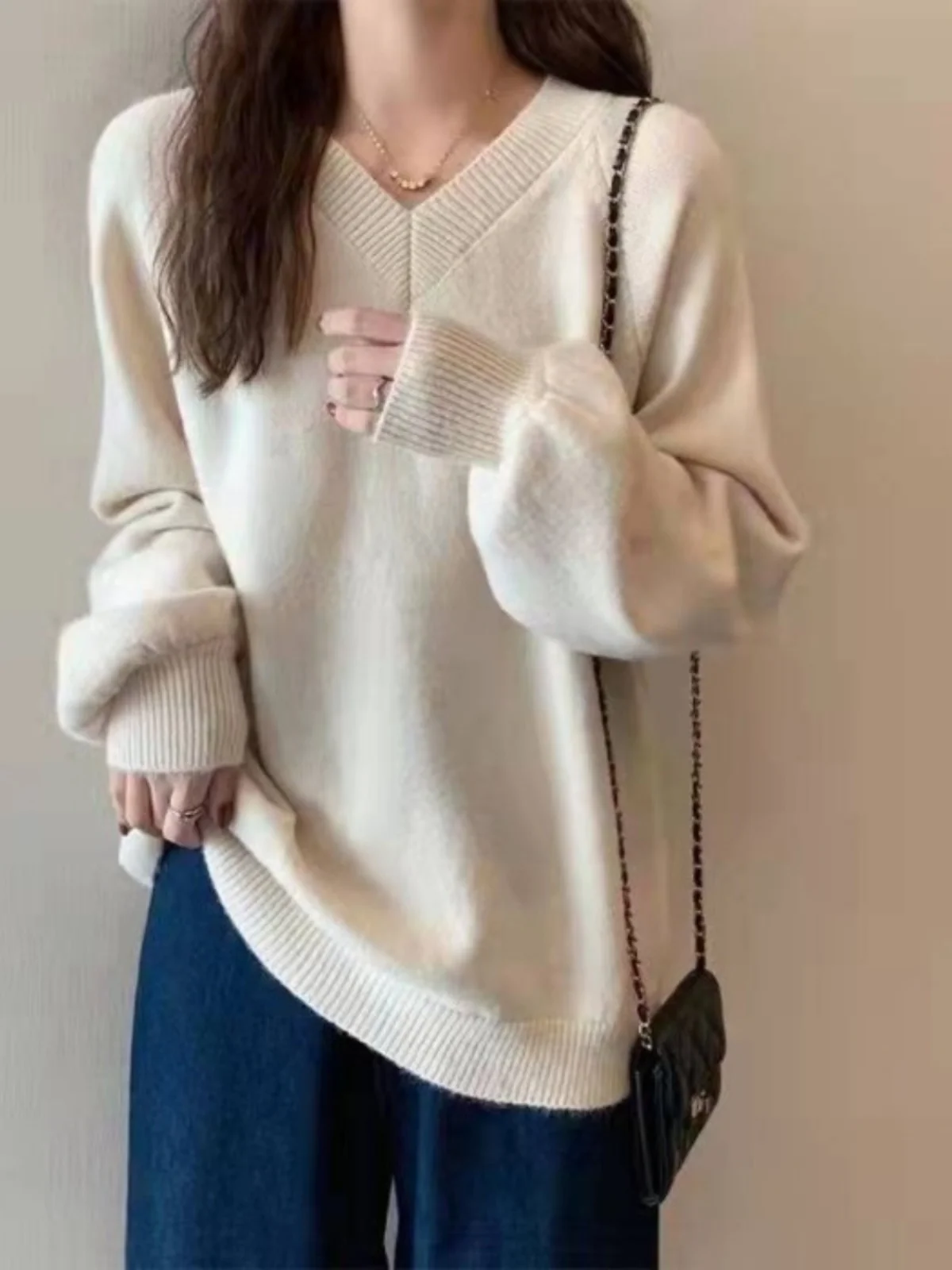 

Chic V-Ne Pullover Knitwear Bubble Sve Loose Women's Sweater Spring Autumn New Sle Comfortable Pure Color Outerwear