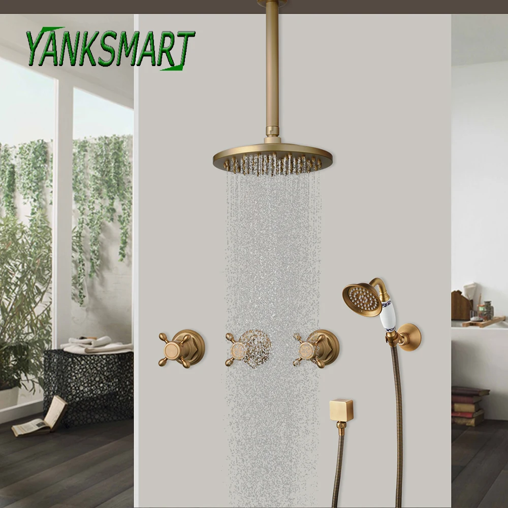 

YANKSMART Antique Brass Bathroom Shower Faucet Set 8 Inch Round Rainfall Shower System Wall Mounted 3 Handles Mixer Water Tap