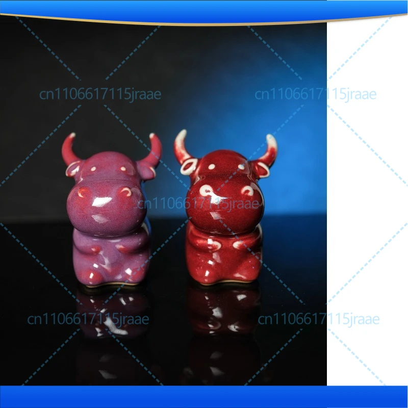 Azure Jun red kiln change! cute blessing cow! Handmade Jun porcelain ornament