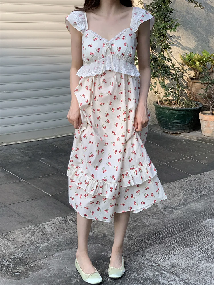 Lace Soft Floral Print Cherry 100%Cotton Sweet Summer Sleeveless NightDress Women Kawaii Princess Loose With Chest Pad Sleep Top