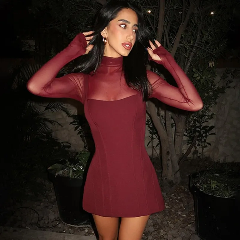 ชุดเดรสตาข่ายปะติดปะต่อแฟชั่นผู้หญิง เซ็กซี่ สตรีทแวร์ แขนยาวเต็มตัว คอเต่า ทรงเข้ารูป มินิเดรส สำหรับผู้หญิง