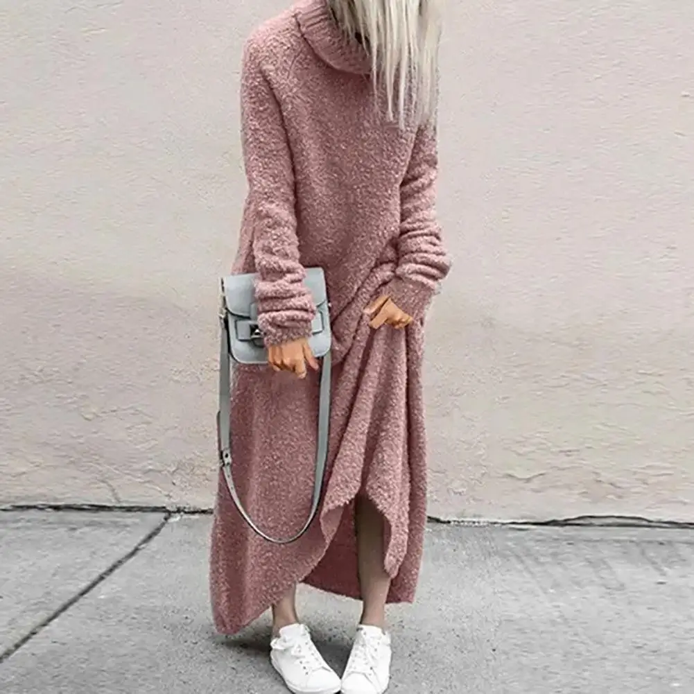 Autumn Women Turtleneck Long Sleeve Sweatshirt Sundress Femme Fashion Plush Fluffy Long Dress Solid Loose Vestidos