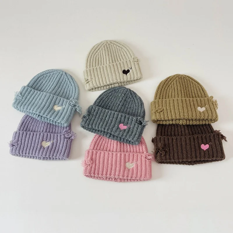 

Knitted Hats For Kids Love Embroidery Baby Toddler Girls Boys Hat With Holes Outdoor Windproof Warm Winter Autumn Children's Cap