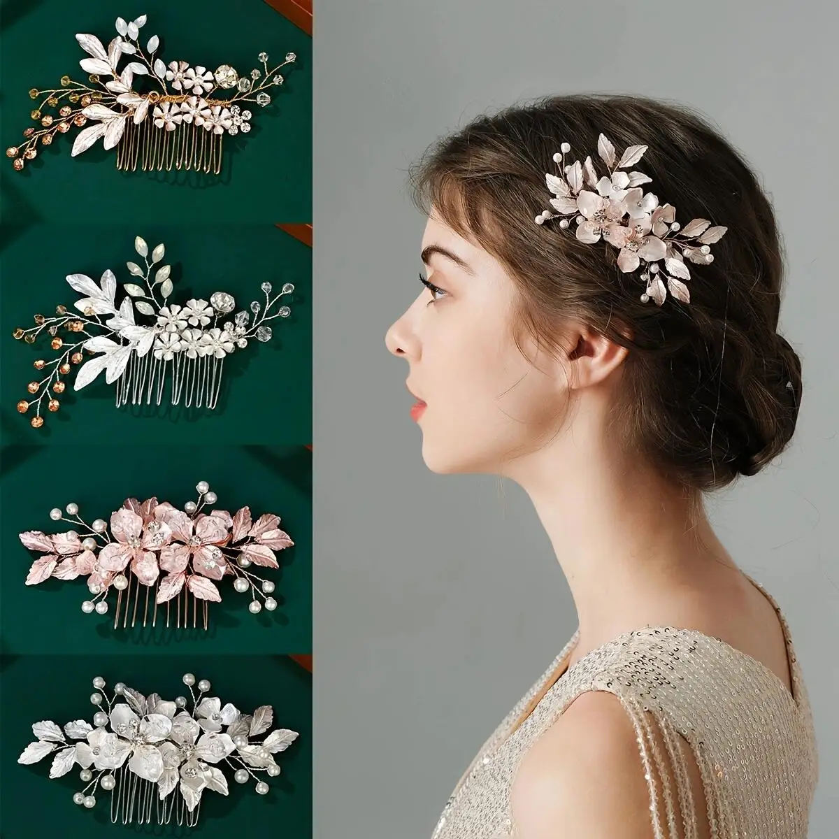 

Hair Comb Elegant Bridal Plain Metal Blade Rhinestone Pearl Handmade Side Bang Clip Wedding Party Women All Season