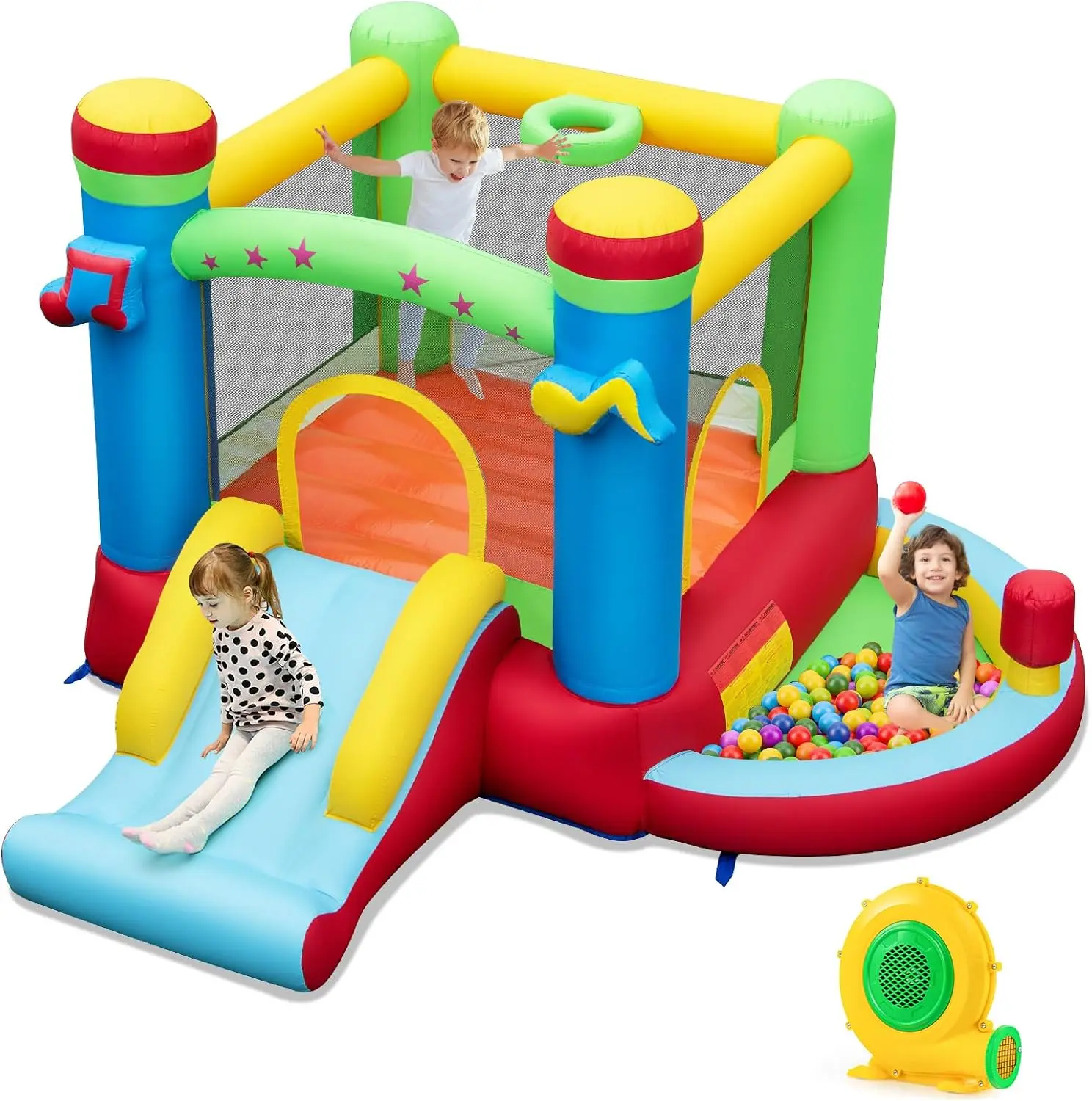 Casa inflable con piscina de pelotas, tobogán y aro de baloncesto para niños de 3 a 12 años, castillo inflable para interiores/exteriores con soplador de 480W, zona de juegos para saltar, regalo de cumpleaños perfecto para niños pequeños